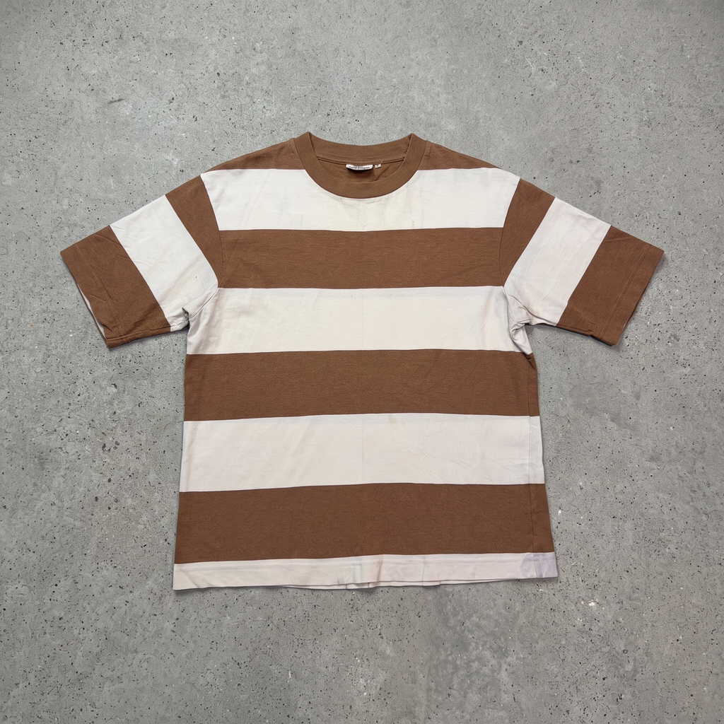 Uniqlo White and Brown Striped Casual Tee