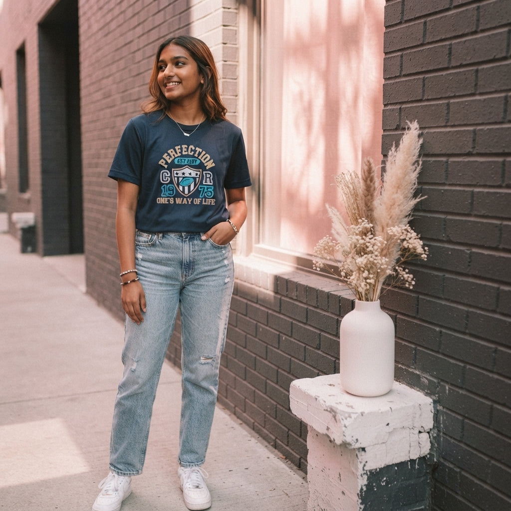 South Asian person wearing a navy blue athletic graphic tee in a sunlit urban setting with minimalist decor.