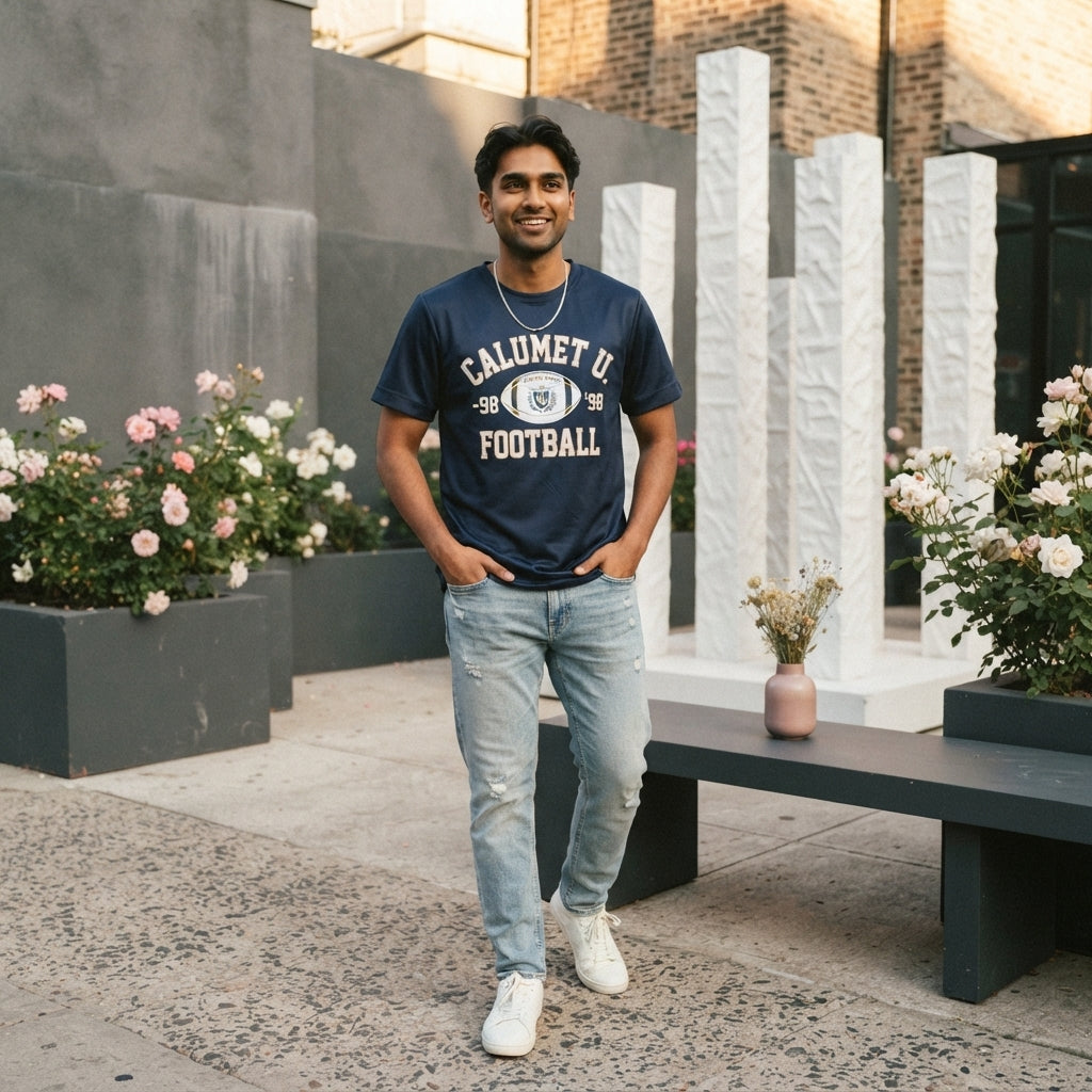 A South Asian young adult wearing a navy blue collegiate graphic t-shirt in a stylish, sunlit urban setting.
